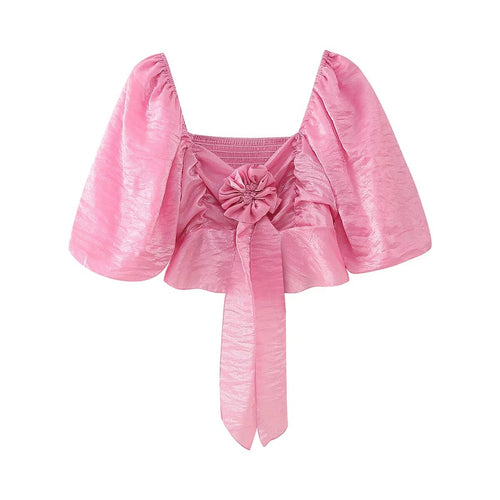 Women's Floral 3D Puff-Sleeve Crop Top – V-Neck Smocked Blouse