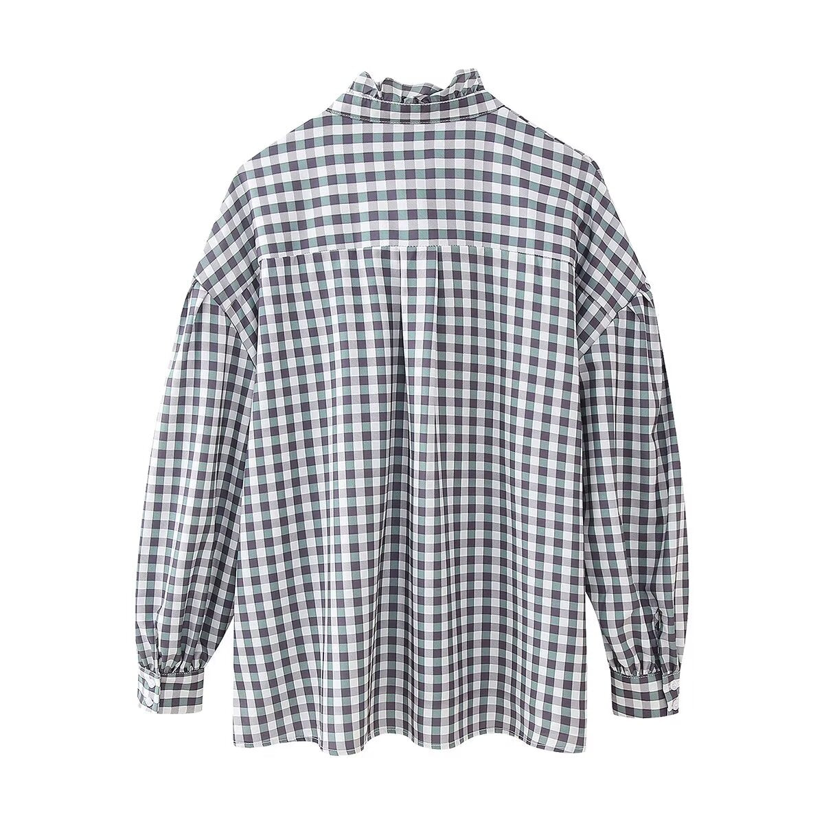 Women's Shirt Thousand Birds Black White Plaid Bell Sleeve Shirt