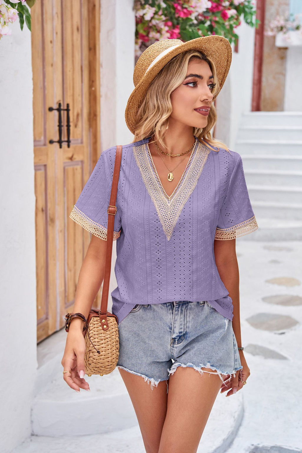 Lace V-Neck Patchwork Short Sleeve Top