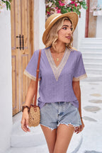Lace V-Neck Patchwork Short Sleeve Top