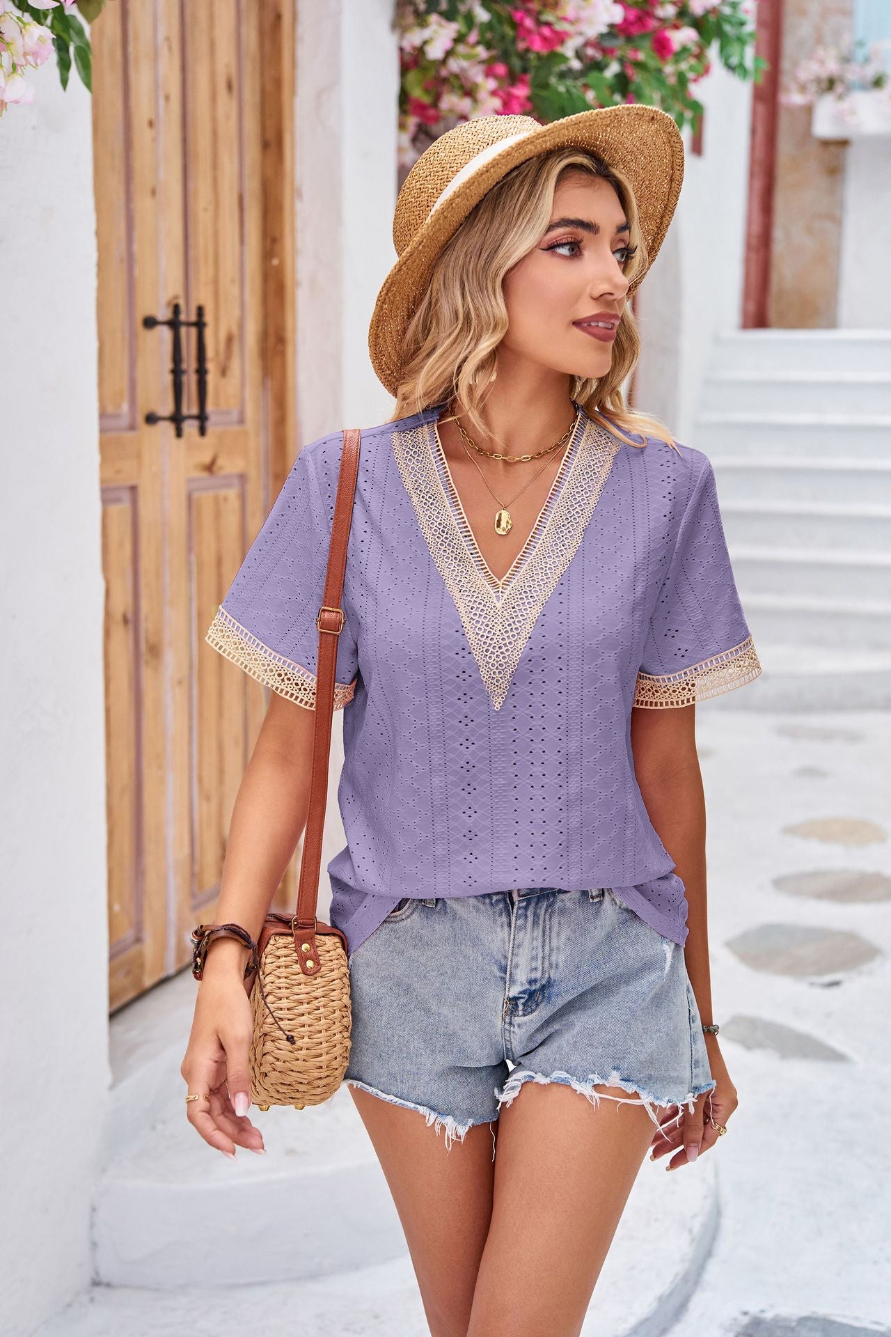 Lace V-Neck Patchwork Short Sleeve Top