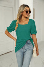 Pleated Puff Sleeve Square Neck Top