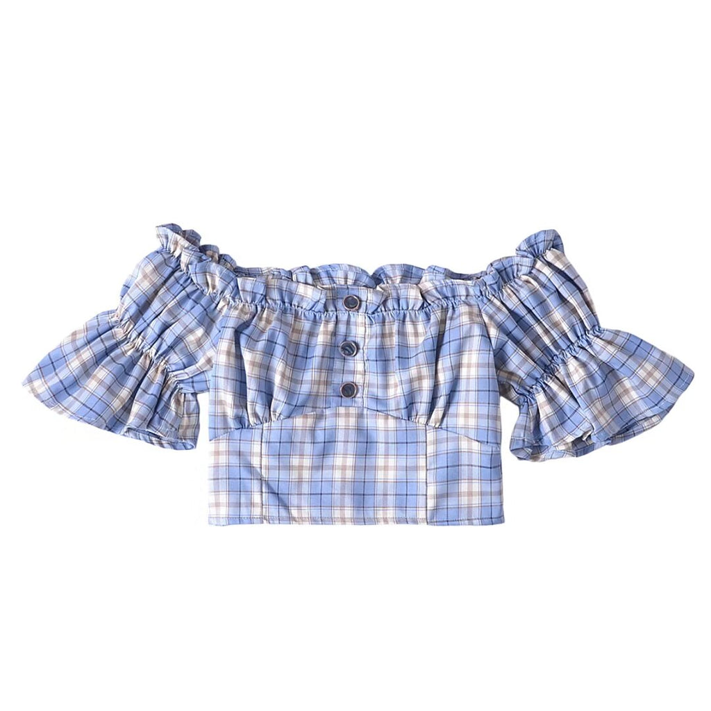 Women's Summer French Design Niche Off Neck Puff Sleeve Plaid Short Top