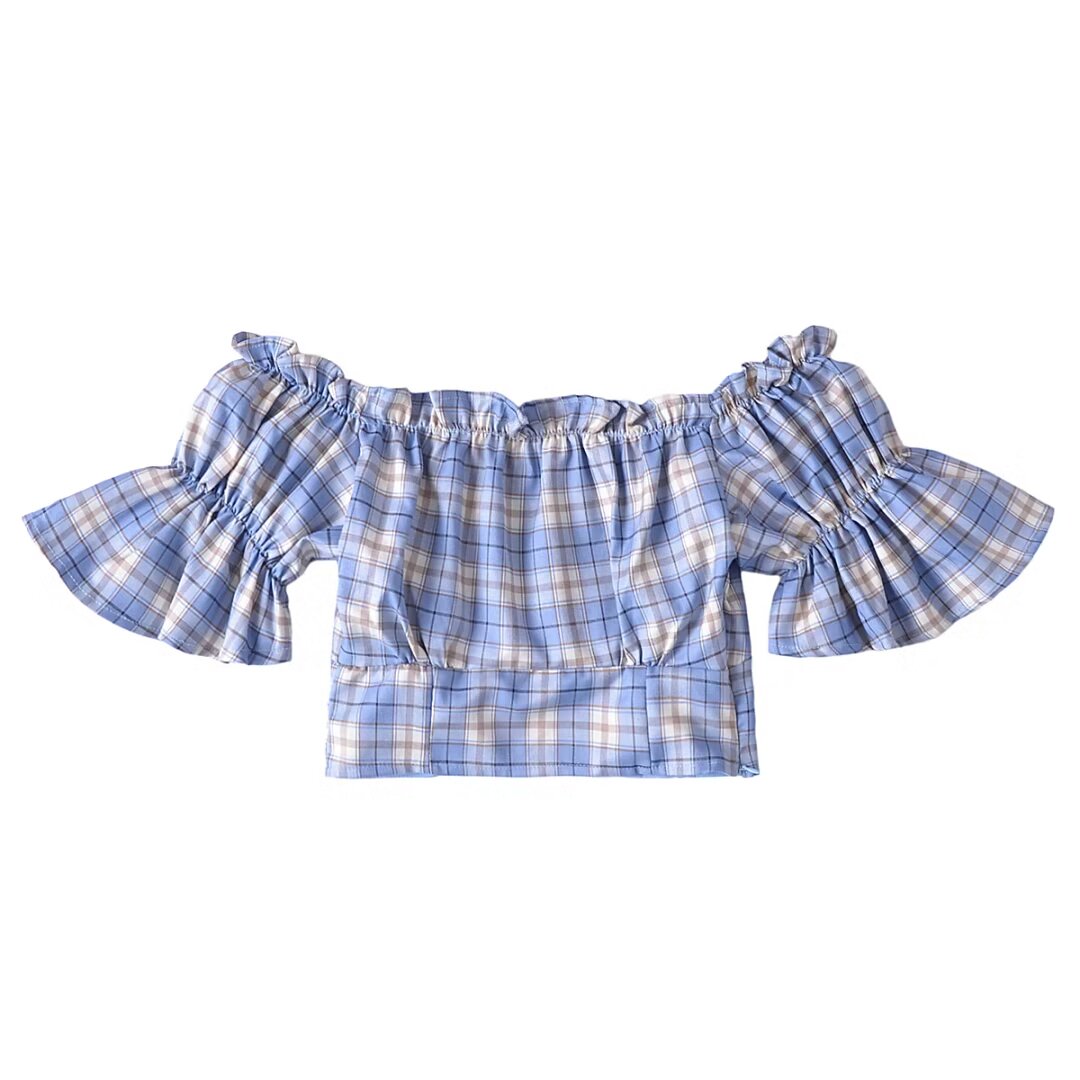 Women's Summer French Design Niche Off Neck Puff Sleeve Plaid Short Top