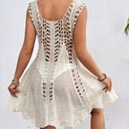 Women's holiday hand dress, cream sleeveless A-line with lattice open-knit bodice