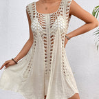 Women's holiday hand dress, cream sleeveless swing dress with openwork crochet trim