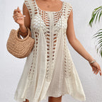Women's holiday hand dress, cream sleeveless swing with vertical open-knit crochet detail