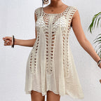 Women's holiday hand dress, cream sleeveless A-line with vertical openwork crochet detail