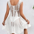 Women's holiday hand dress, cream sleeveless A-line with openwork crochet bodice