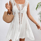 Women's holiday hand dress, cream sleeveless swing with vertical crochet braid detailing