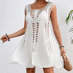 Women's holiday hand dress, cream sleeveless A-line with openwork crochet panels and flare