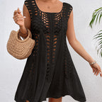 Black sleeveless fit-and-flare dress with openwork stripe detailing