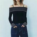 Women's French Navy Off-Shoulder Slim Sweater