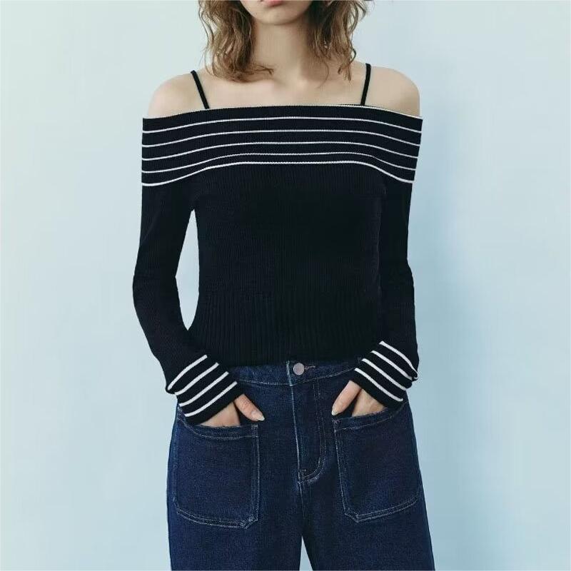 Women's French Navy Off-Shoulder Slim Sweater