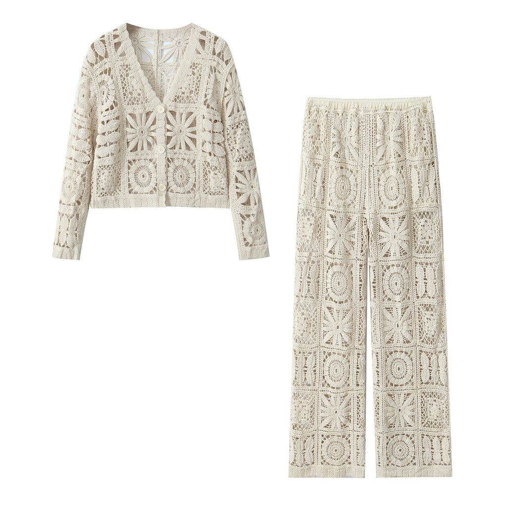 Spring V-Neck Long-Sleeve Top Wide Leg Trousers Idle Three Dimensional Hollow Out Cutout Crochet Suit For