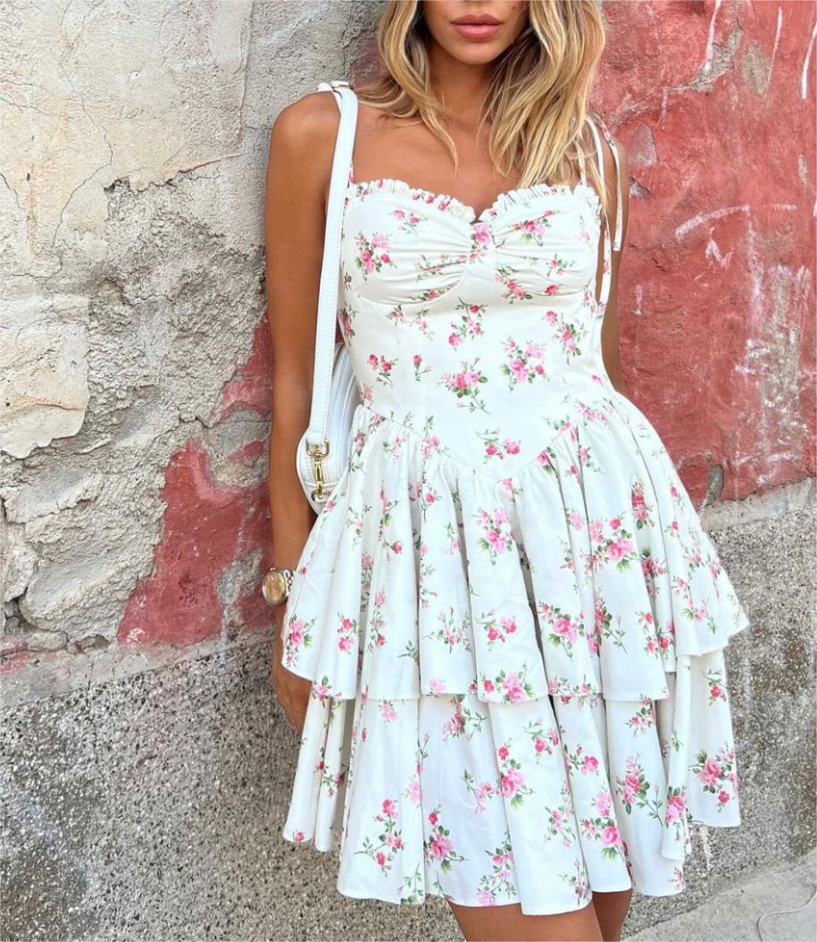 White Floral Strap Dress for Pure Waist Tight Figure Flattering Puffy