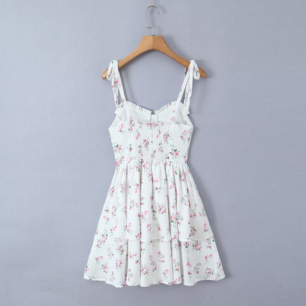 White Floral Strap Dress for Pure Waist Tight Figure Flattering Puffy