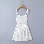 White Floral Strap Dress for Pure Waist Tight Figure Flattering Puffy