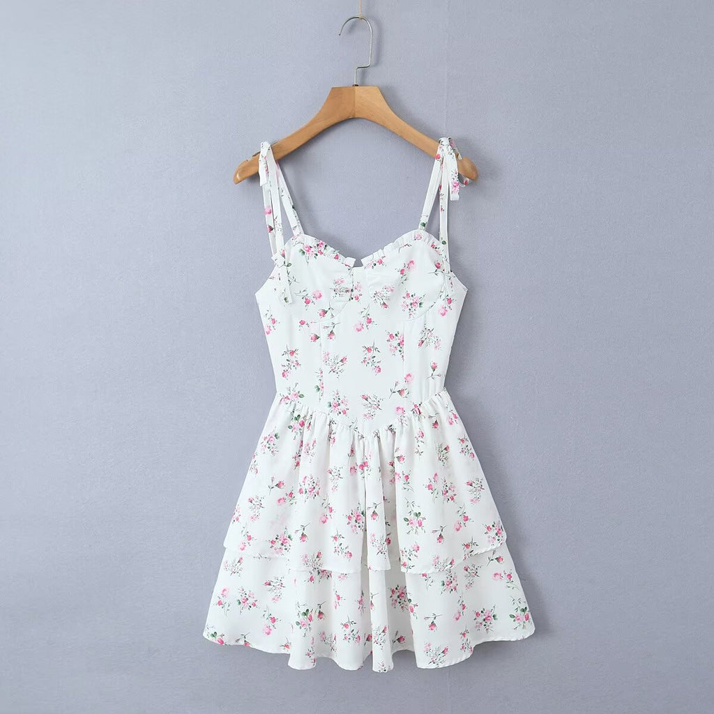 White Floral Strap Dress for Pure Waist Tight Figure Flattering Puffy