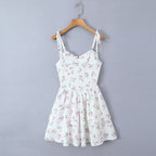 White Floral Strap Dress for Pure Waist Tight Figure Flattering Puffy