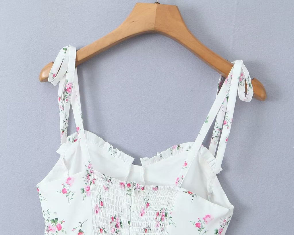 White Floral Strap Dress for Pure Waist Tight Figure Flattering Puffy