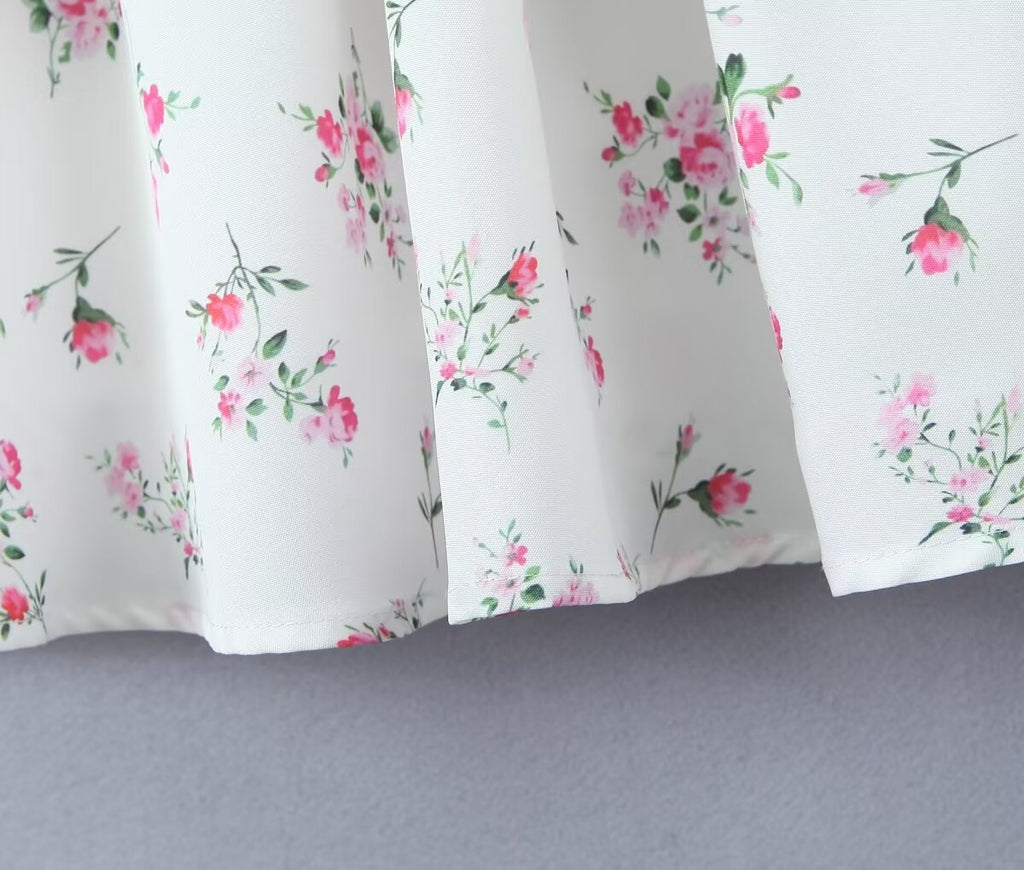 White Floral Strap Dress for Pure Waist Tight Figure Flattering Puffy