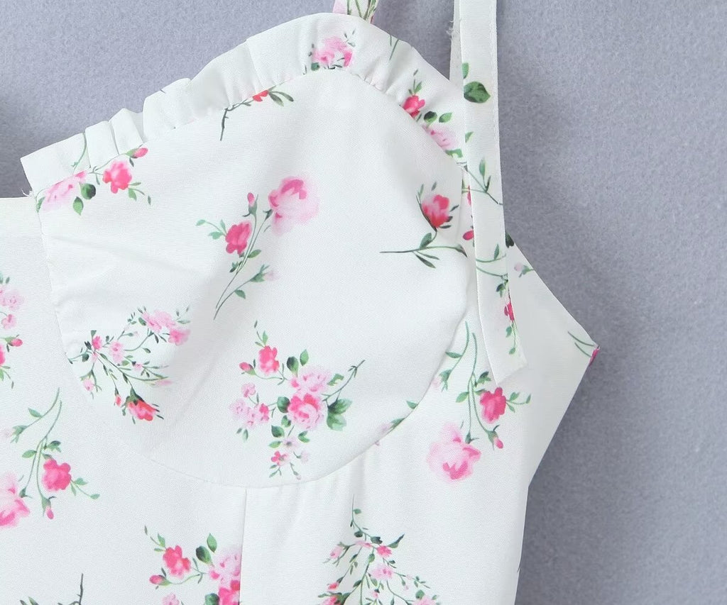 White Floral Strap Dress for Pure Waist Tight Figure Flattering Puffy