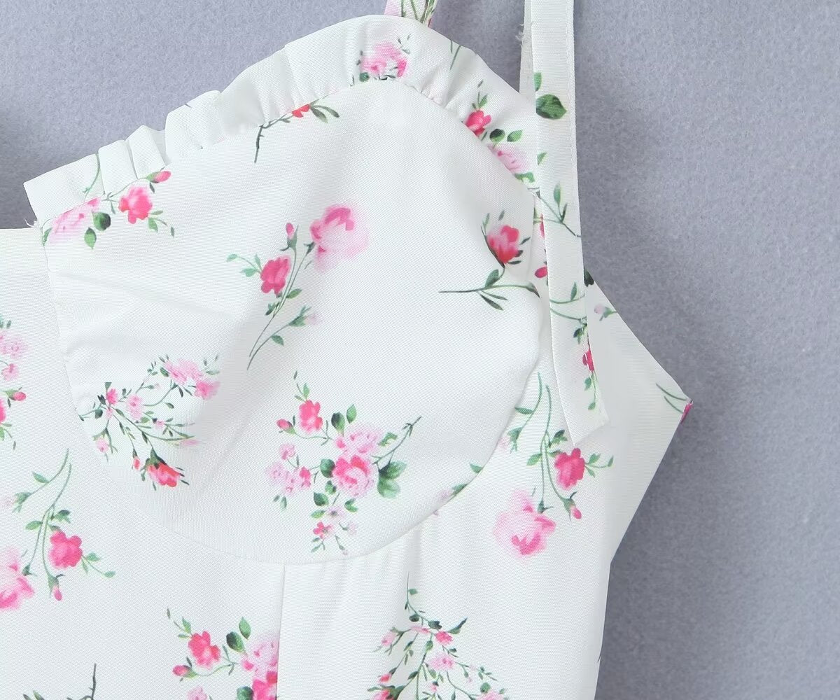 White Floral Strap Dress for Pure Waist Tight Figure Flattering Puffy
