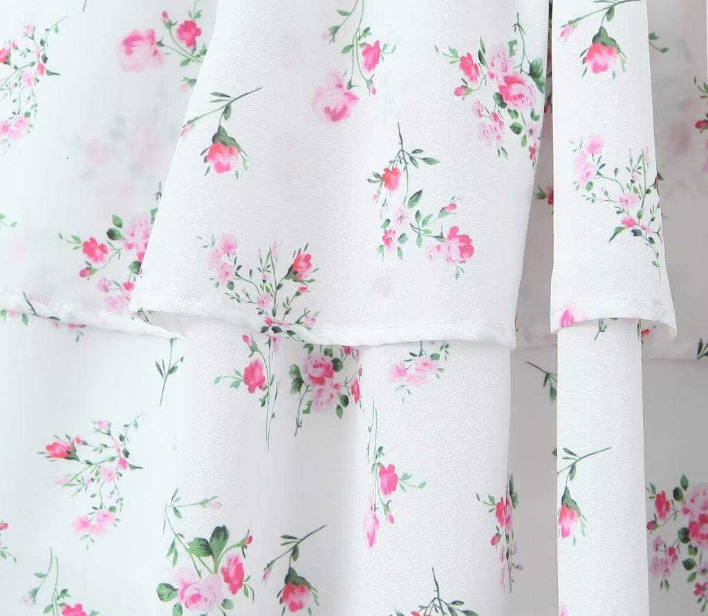 White Floral Strap Dress for Pure Waist Tight Figure Flattering Puffy