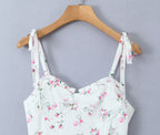 White Floral Strap Dress for Pure Waist Tight Figure Flattering Puffy