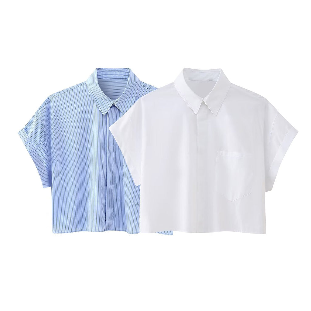 Women's Loose Short Pocket Decorative Poplin Shirt