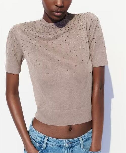 Women’s Multicolor Beaded Rhinestone Crew Neck Sweater