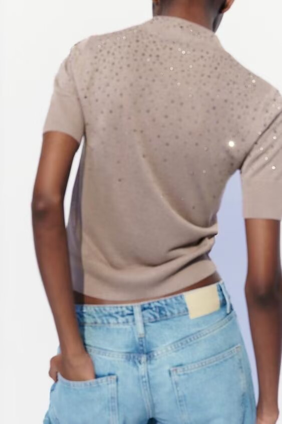 Women’s Multicolor Beaded Rhinestone Crew Neck Sweater