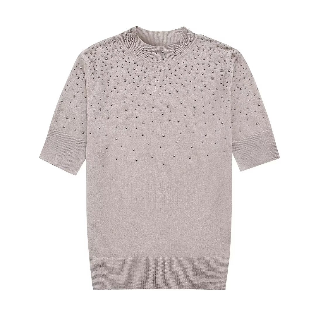 Women’s Multicolor Beaded Rhinestone Crew Neck Sweater
