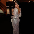 Women's Crew-Neck Sequin Ruched Backless Split Long-Sleeve Bodycon Maxi Dress