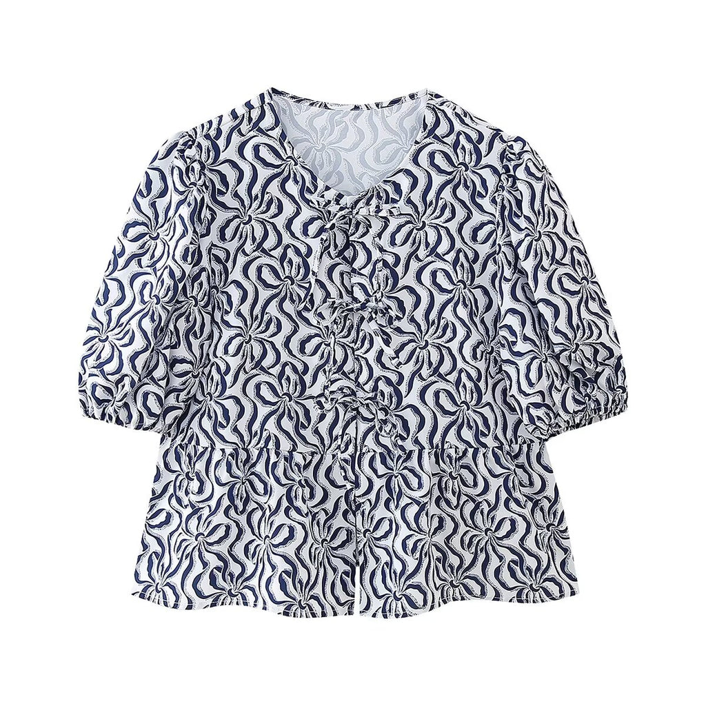 Women's Spring Women Clothing Casual Simple Puff Sleeve Lace Up Short Sleeve Top