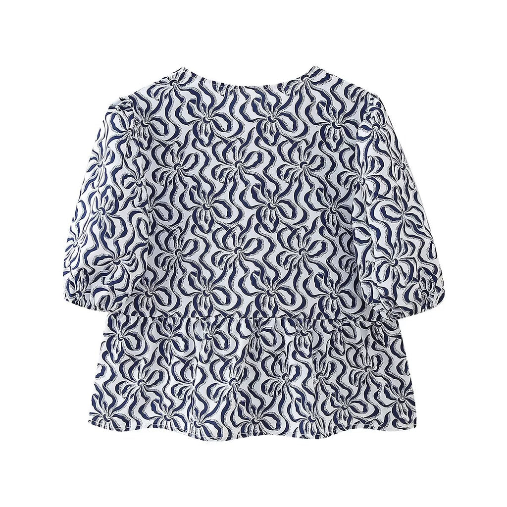Women's Spring Women Clothing Casual Simple Puff Sleeve Lace Up Short Sleeve Top