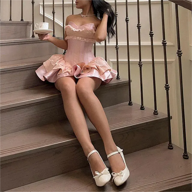 Slim Pink Lace Strapless Short Dress