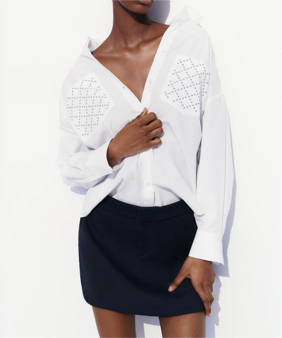 Women's Rivet Decoration Poplin Loose Long Sleeve Shirt