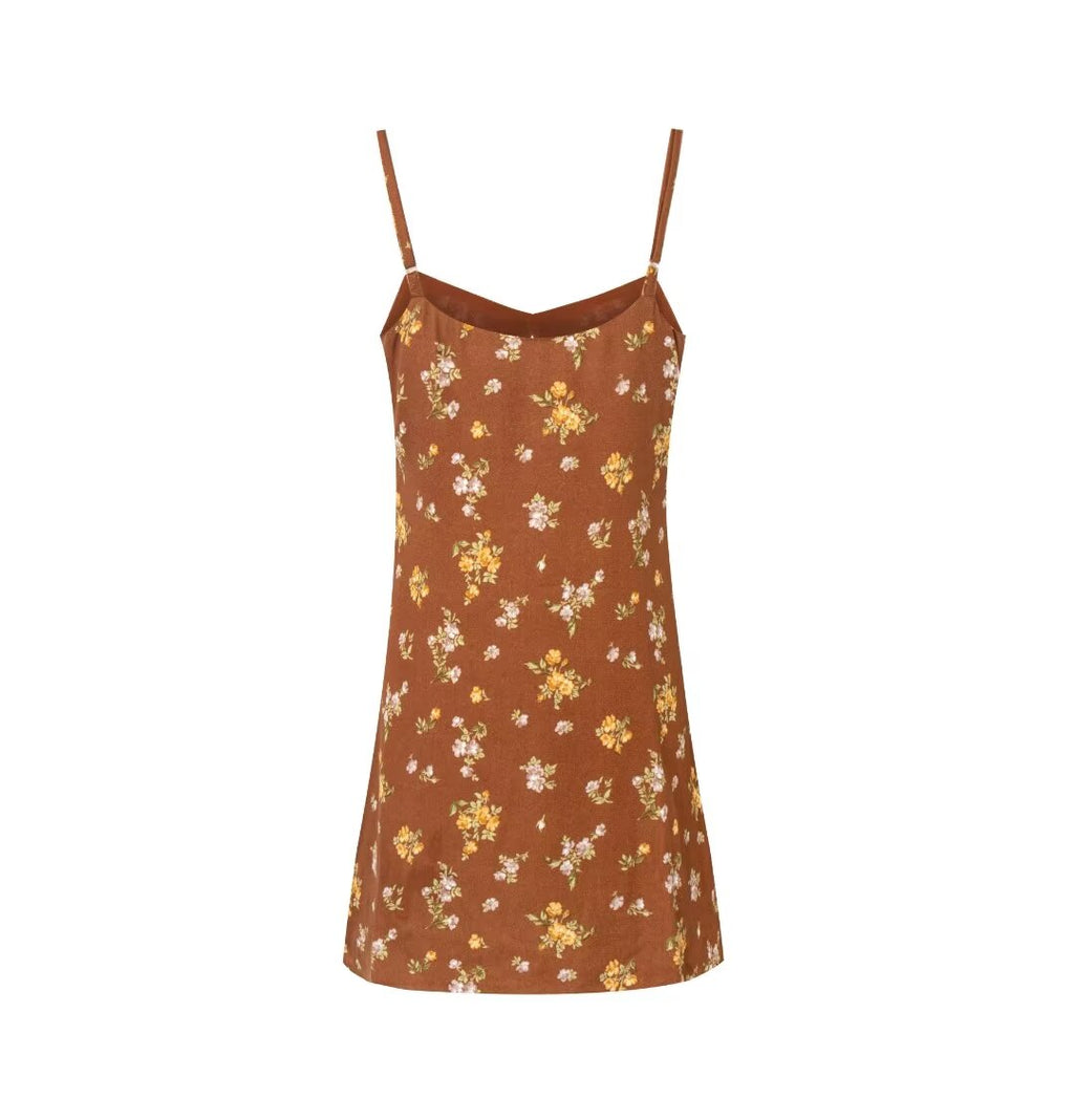 Brown Print V-Neck Strap Dress