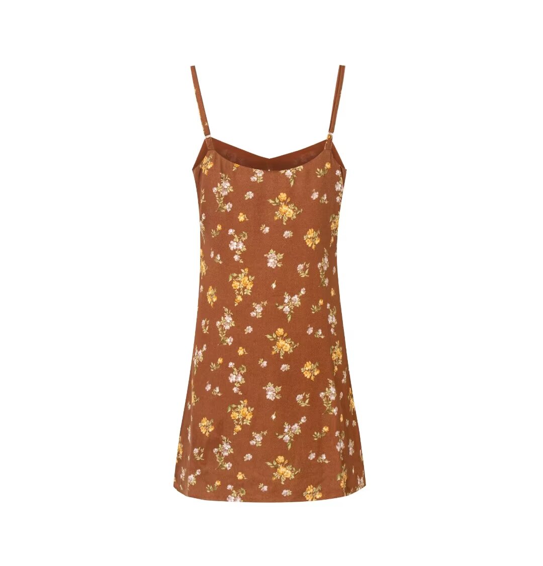 Brown Print V-Neck Strap Dress