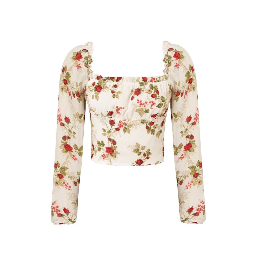 Women’s Multicolor Floral Off Shoulder Long Sleeve Crop Top