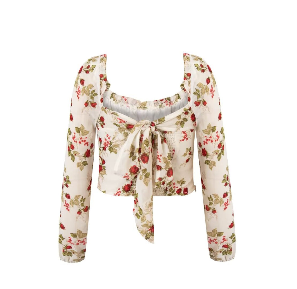 Women’s Multicolor Floral Off Shoulder Long Sleeve Crop Top