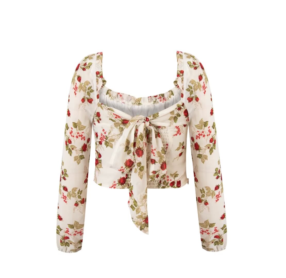 Women’s Multicolor Floral Off Shoulder Long Sleeve Crop Top