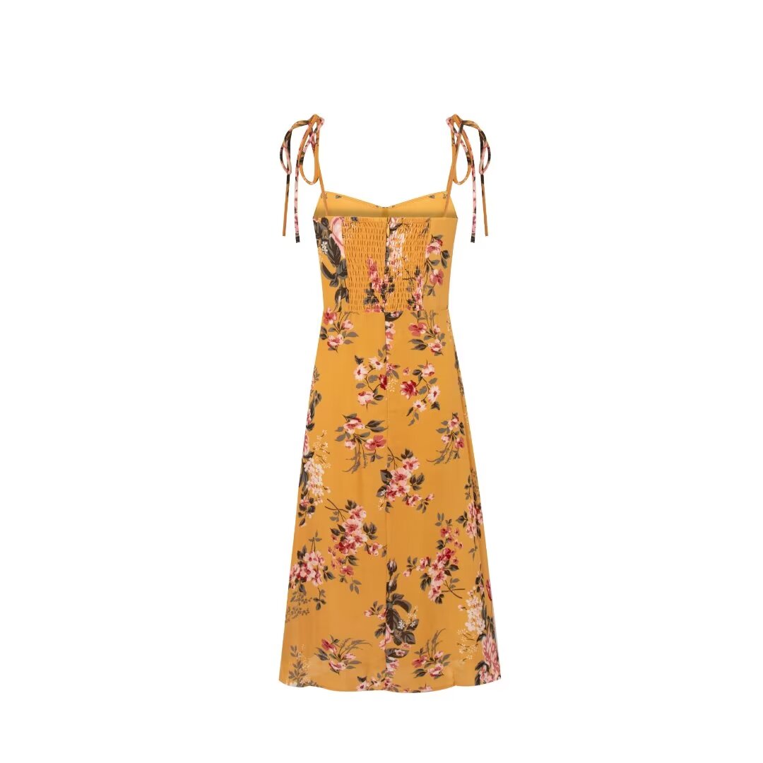 Women's V-Neck Floral Smocked Tie Split Sleeveless Midi Dress