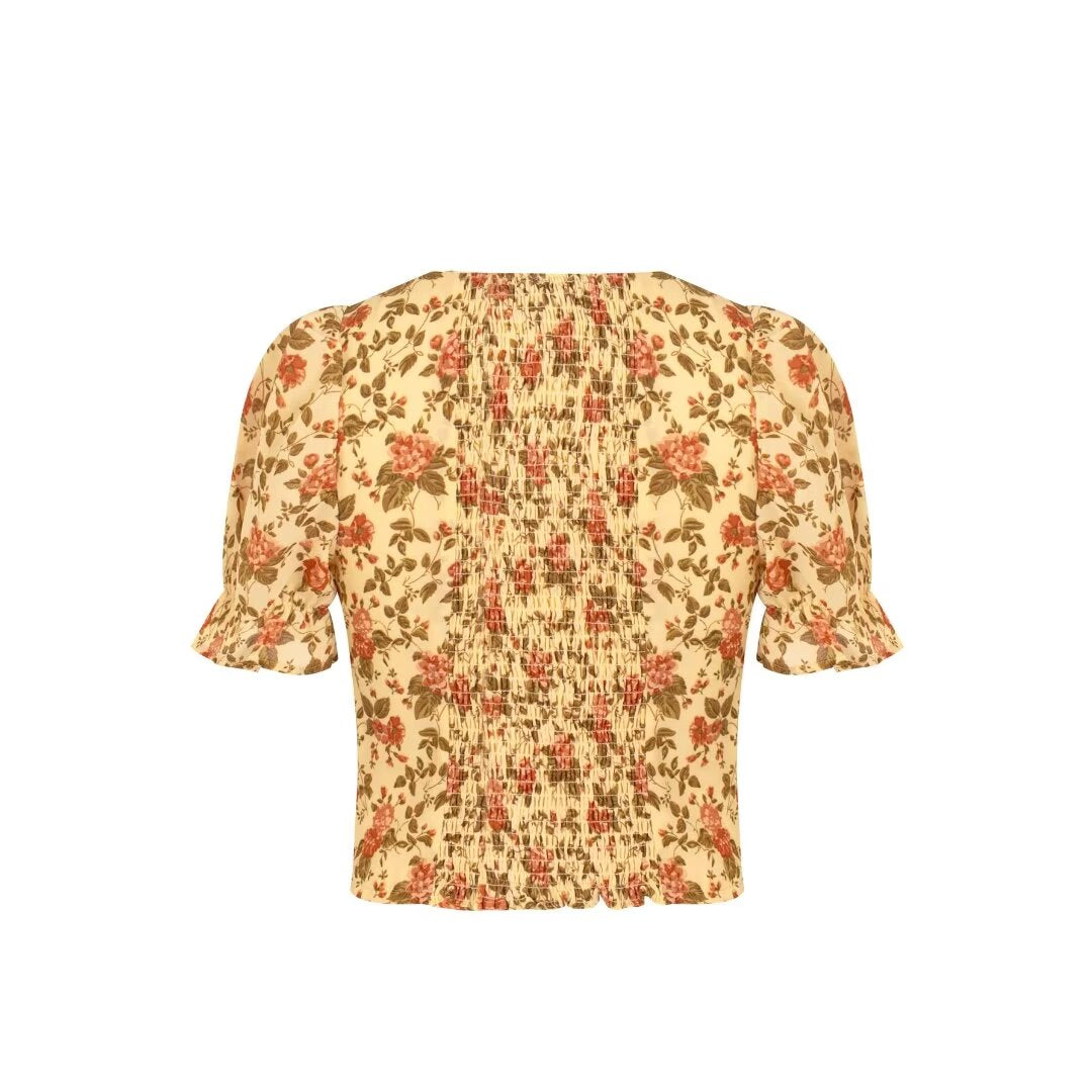 Women’s Floral Pleated Square Neck Pullover Top