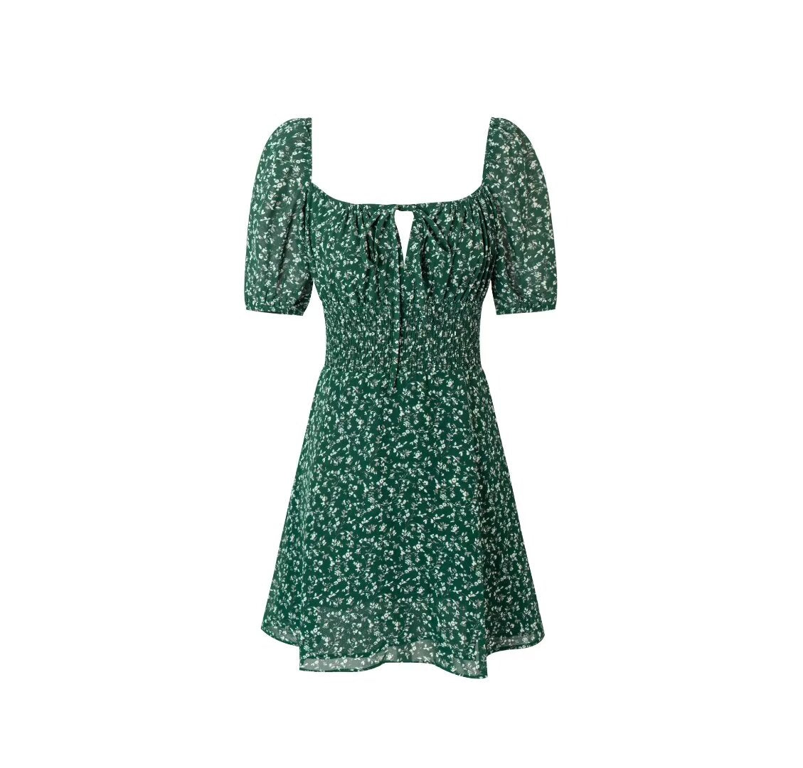 Women's Square-Neck Floral Tie Smocked Cutout Puff-Sleeve A-Line Mini Dress