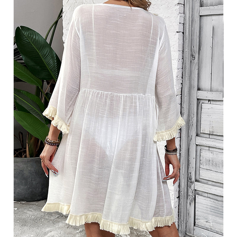 Women Clothing Holiday Neckline Lace Decorative Beach Blouse Holiday Sun Protection Loose Blouse Crochet hook
