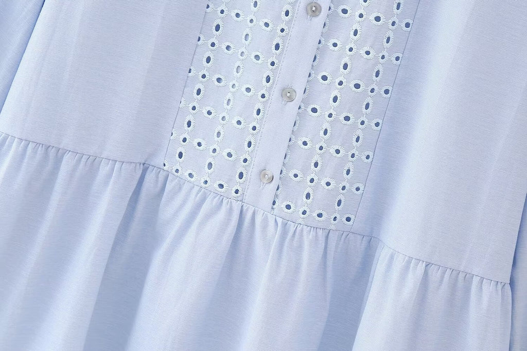 Women's Spring Hollow Out Cutout Embroidered Mini Long Sleeve Dress