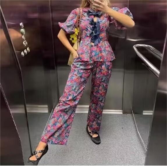 Women's Spring Women's Bow Print Top Casual Trousers Suit